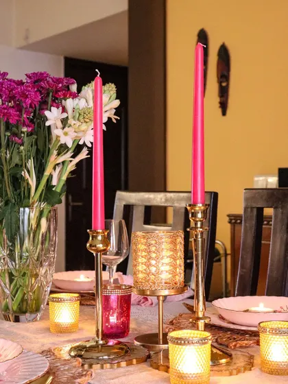 Another angle of the pink-themed Diwali table, showing the beautiful interplay of colours.
