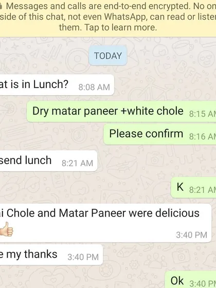 We love getting instant feedback like this. A customer confirming their lunch order and then messaging later to say the Dry Matar Paneer and White Chole were delicious.