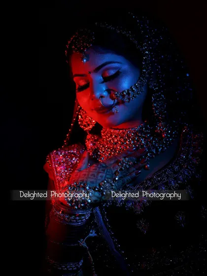 A dramatic bridal portrait using red and blue gel lighting. This creative technique creates a bold, modern, and unforgettable image.