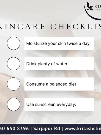 Here is a simple checklist for healthy skin. The four pillars are moisturizing twice a day, staying hydrated by drinking water, consuming a balanced diet, and, most importantly, using sunscreen every single day.