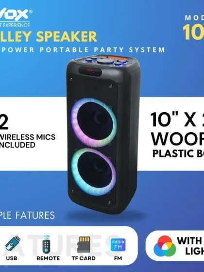 The model 1018 trolley speaker is another great option for portable sound. It has two 10-inch woofers, RGB lights, and all the connectivity you need for an instant party.