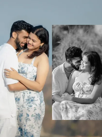 A beautiful mix of color and black and white portraits from a Goa beach shoot, highlighting the couple's intimate connection against a serene backdrop.