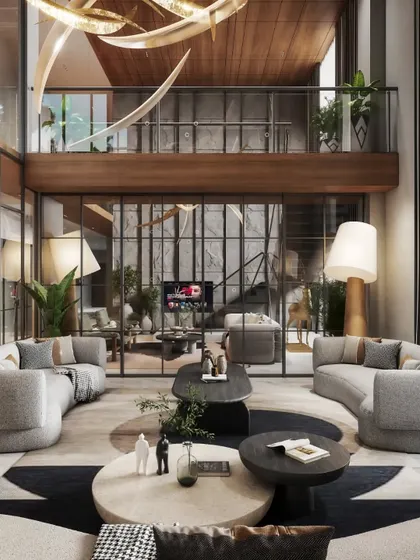 This double-height living space combines industrial-style windows with soft, contemporary furniture. Our visualization balances the grand scale of the room with a comfortable, lived-in feel, highlighting the two-story volume and natural light.