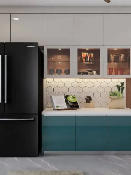 A 3D design showing a side-by-side refrigerator next to a crockery unit. This helps clients understand the scale and flow of their future kitchen.