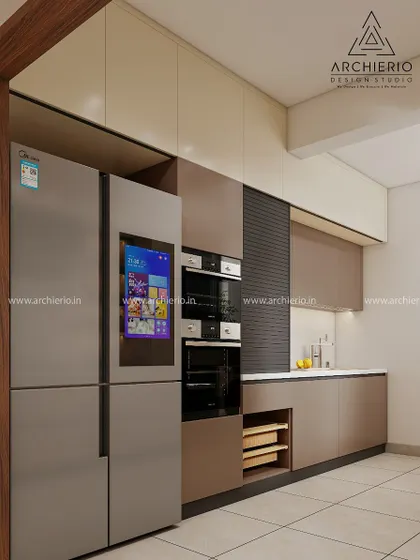 A look at a high-tech kitchen featuring a smart refrigerator and built-in ovens, all perfectly integrated within the sleek, modern cabinetry.