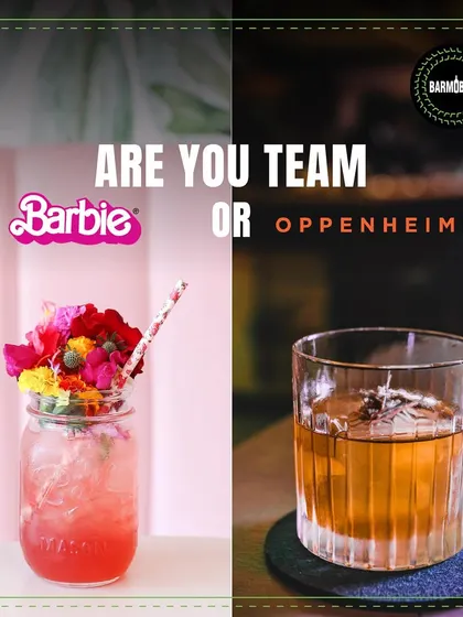 Are you Team Barbie or Team Oppenheimer? We have fun creating topical cocktails that tie into pop culture, like this floral pink gin drink and a classic old fashioned.