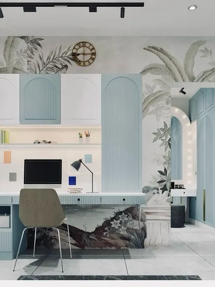 A render of a highly artistic and functional study unit, with a desk that seems to flow out of a painted mural.
