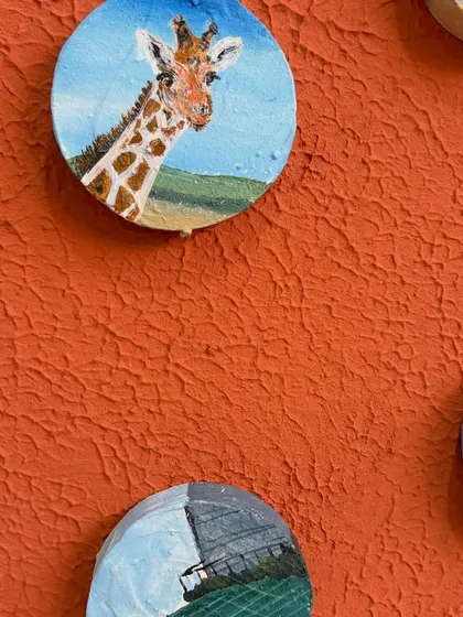 A detailed shot of the giraffe miniature from a safari trip, placed on the textured orange board. This is a great example of custom nature-inspired wall decor.