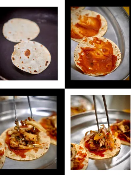 The process of making tacos at my live taco bar. I use fresh tortillas, which are warmed and then filled with a choice of delicious, slow-cooked meats and toppings.