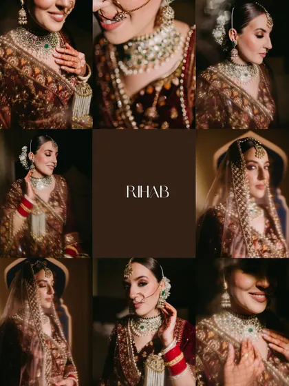 A collage of a bride's portraits, showcasing her regal look, intricate jewelry, and expressive face in a series of moody, elegant shots.