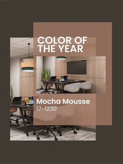 We stay ahead of trends. This mood board explores how to incorporate "Mocha Mousse," the color of the year for 2025, into office spaces to create warm and inviting environments.