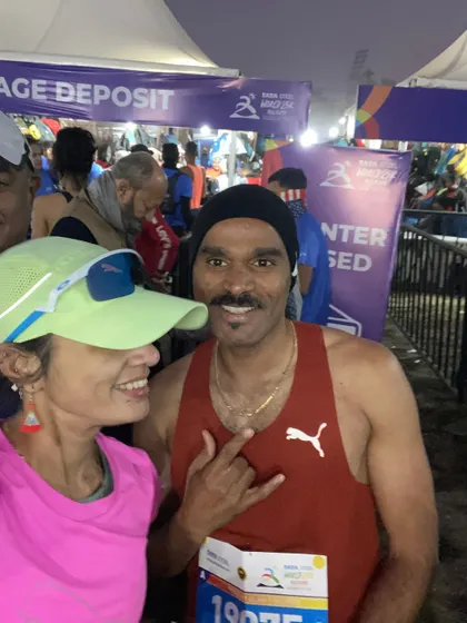 A pre race selfie with a fellow runner. The shared passion for running creates an instant connection.
