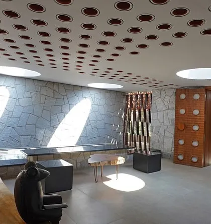 The lobby of the coffee estate resort showcases a playful use of materials. A ceiling with circular cutouts interacts with skylights, casting dynamic patterns of light and shadow on the natural stone walls below.