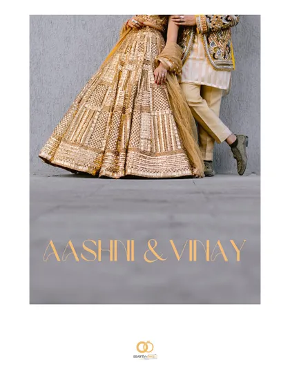 An artistic shot focusing on the lower half of the couple's golden outfits, with their names elegantly written over the image.
