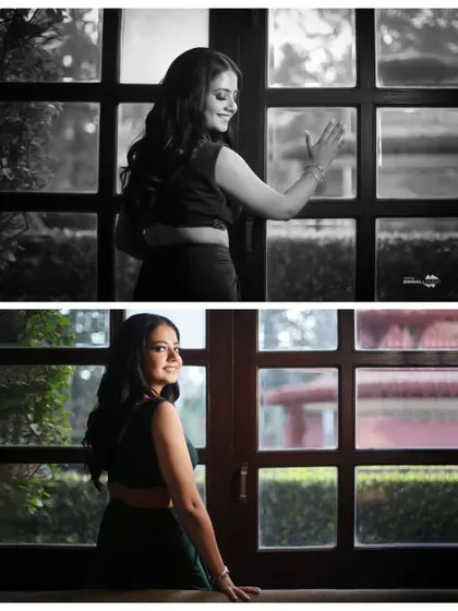A beautiful diptych of the bride-to-be by a window. The combination of a color and black and white version highlights her elegance and joyful expression.