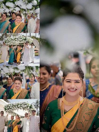 A collage showing the beautiful moments of a Maharashtrian bride's entrance, surrounded by smiling family and friends.