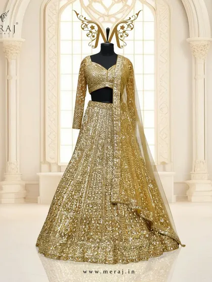 A studio shot of my exquisite gold bridal lehenga, showcasing its intricate design and craftsmanship.