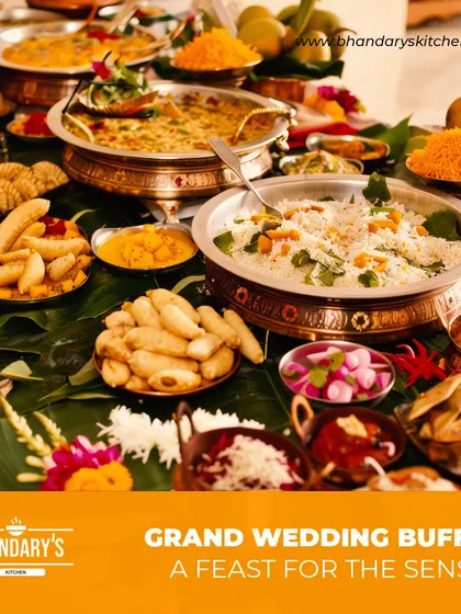 I believe in creating a feast for the senses. This grand wedding buffet, laid out traditionally on banana leaves, showcases a rich variety of authentic South Indian dishes, from flavorful rice to an array of curries and fried delicacies.