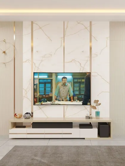 Another perspective of the elegant TV unit, showing the large wall clock and the seamless integration of different textures and materials.