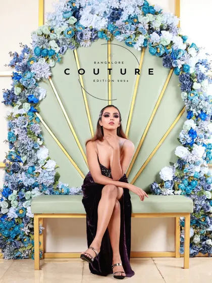 A wider view of the floral set piece, designed specifically for the Bangalore Couture Edition shoot. Creating custom, branded environments is a key part of my production service.