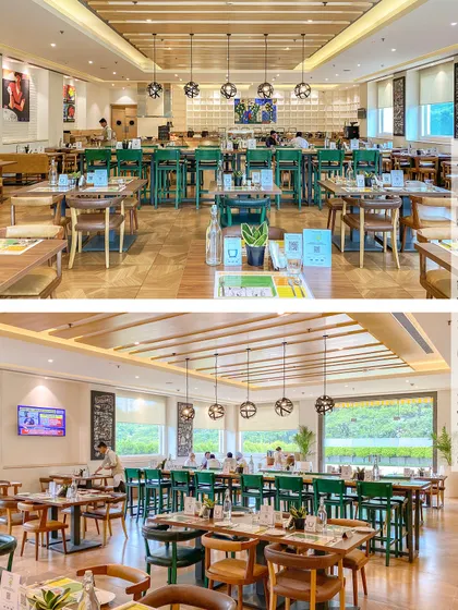 Different perspectives of the Bengaluru all-day diner, showing how the space feels both expansive and zoned. The use of green chairs adds a fresh pop of color against the natural wood tones.