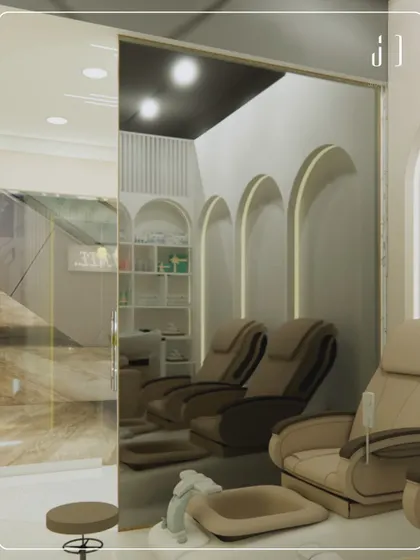 The pedicure station in our latest salon project. The combination of comfortable massage chairs, elegant archways, and soft lighting is designed to provide clients with the ultimate pampering experience.