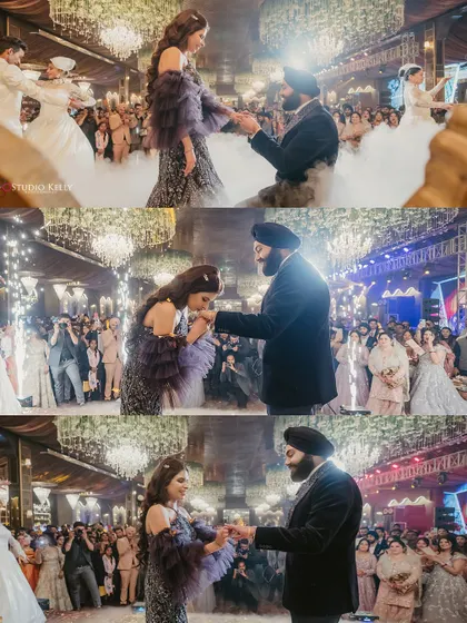 A collage of the ring exchange and proposal moment during a grand reception.