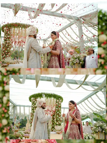 A two-photo collage of the varmala ceremony. It captures the couple's joy and the beautiful, flower-filled setting, emphasizing this central moment of the wedding.