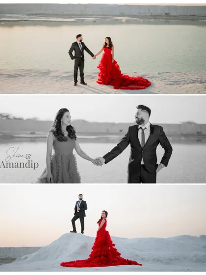 A collage of Amandip and Shine Kaur's shoot at the white dunes. The bride's red gown adds a bold splash of color to the minimalist landscape, perfect for creating dramatic pre-wedding portraits.