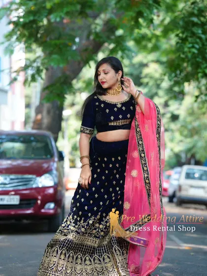 A full-length shot of the blue velvet lehenga, perfect for capturing a traditional yet stylish look.
