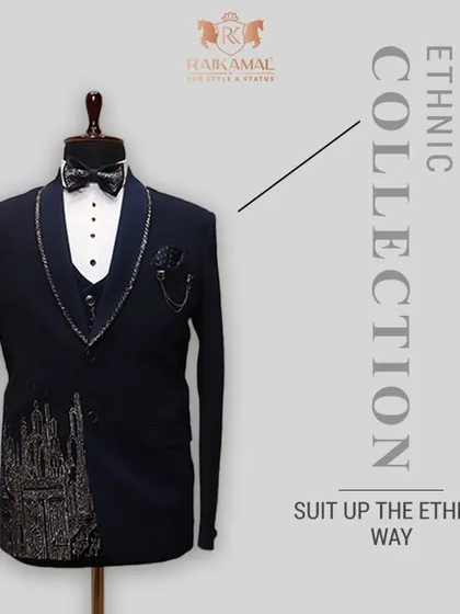 A graphic showcasing a tuxedo from my ethnic collection. This piece features unique embroidery on the sleeve, blending traditional motifs with the classic tuxedo silhouette.