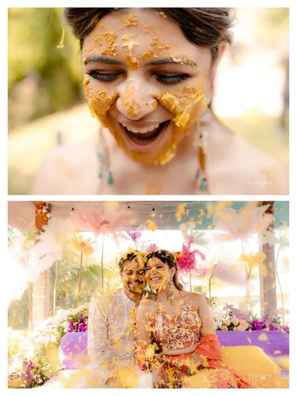 A collage capturing the candid charm of a Haldi ceremony, showing the couple getting covered in turmeric paste and laughing together.