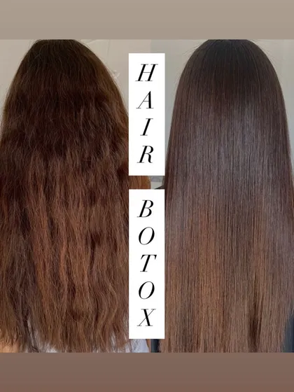 Here is the proof of what my Hair Botox treatment can do. On the left, you see hair that is frizzy and damaged. On the right, the same hair is smooth, straight, and full of life after just one session. This is my go-to solution for frizz control.
