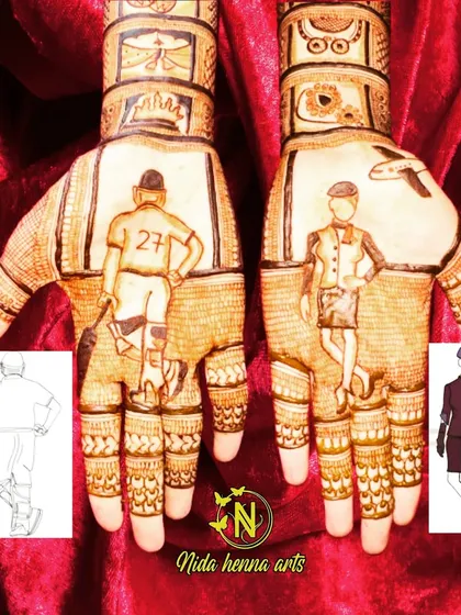 Your mehandi should be about you. For this bride, an air hostess, and her groom, a professional cricketer, I created custom figures that represent their professions. I can personalize your design to reflect your unique story.