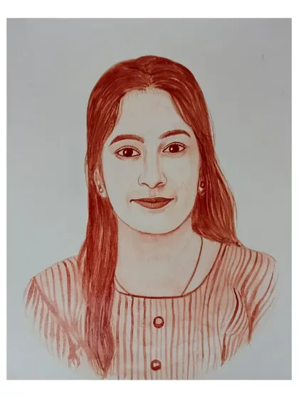 A simple and classic solo blood portrait of a woman in a striped top.