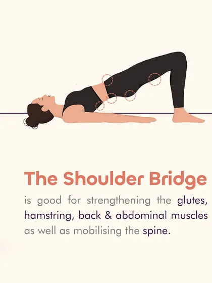 The shoulder bridge is an excellent exercise for strengthening the glutes, hamstrings, back, and abdominal muscles. It also helps mobilize the spine, making it a key movement for overall spinal health.