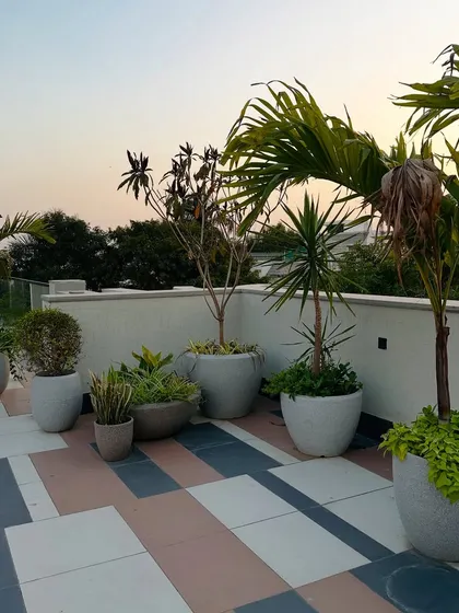 A collection of concrete-finish planters with a variety of plants adds texture and interest to this terrace, especially against the backdrop of the setting sun.