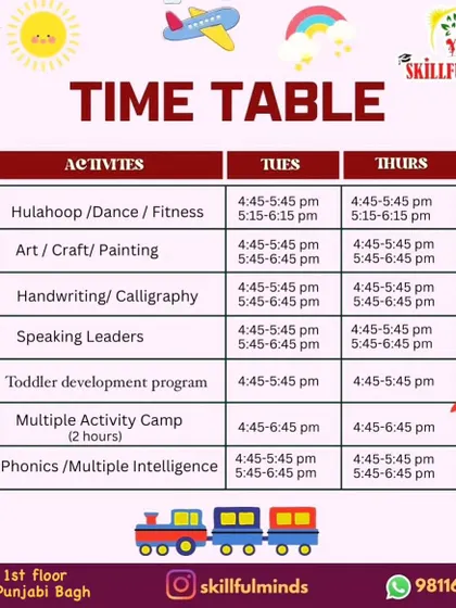 The schedule for our West Punjabi Bagh center, with timings for various classes held on Tuesdays and Thursdays.