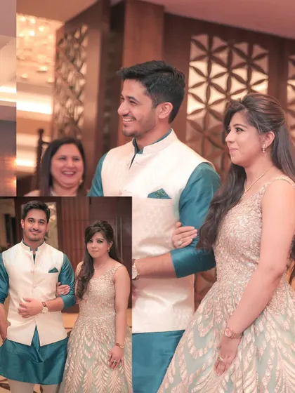 A collage from an elegant engagement ceremony. It captures the couple's coordinated outfits and their happy, candid interactions.