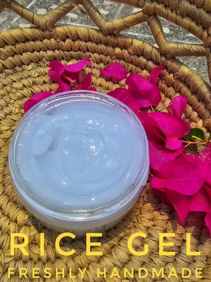 This is my Rice Gel, enriched with rice water and niacinamide. It's a fantastic moisturizer that strengthens your skin's barrier, lightens dark spots, and gives you a beautiful, even-toned glow.
