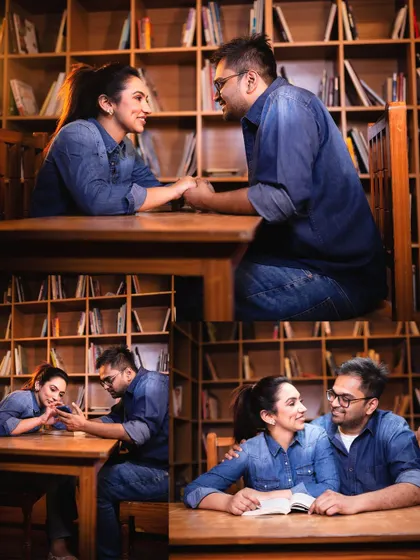 Lost in their own world, sharing a book and a quiet moment. This shot from their pre-wedding session highlights the simple, everyday intimacy that builds a strong relationship.