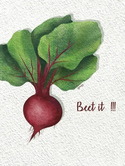 A fun and punny digital illustration of a beetroot with the caption 'Beet it!'. This piece showcases my love for creating playful food-themed art with a watercolor texture.