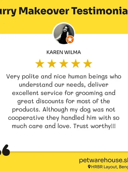 Karen Wilma's review for our HRBR store mentions how our team handled her uncooperative dog with "so much care and love," calling us trustworthy.