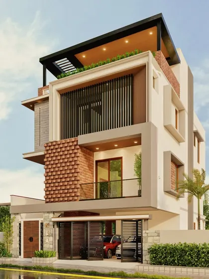 This angle shows the sleek integration of balconies, skylights, and French windows. The home is a celebration of urban living, using warm materials and practical elegance to create a comfortable family space.