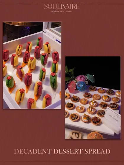 A decadent dessert spread featuring cactus-themed macarons and assorted tarts. Our pastry team brings creativity and whimsy to every sweet creation.