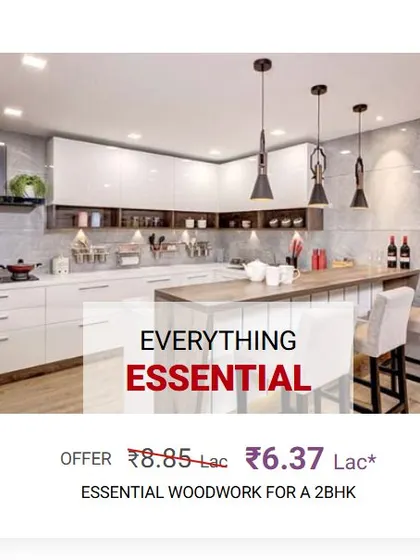We offer complete home interior packages at competitive prices. This is an example of an essential woodwork package for a 2BHK, which includes a modular kitchen, wardrobes, and other furniture. Our price match guarantee ensures you get the best value.