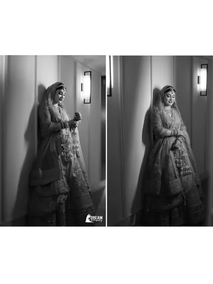 A diptych of black and white portraits showing Airika in a hotel corridor, using architectural lines and lighting for a dramatic effect.