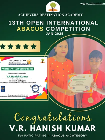 Congratulations to V.R. Hanish Kumar from Dubai for his participation and medal in the Abacus A-Category. Keep shining!