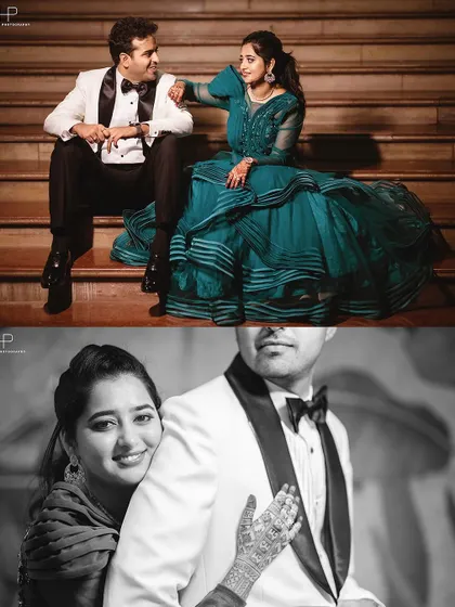 A sophisticated collage of a couple dressed in formal wear, posed on wooden stairs. The mix of full-length and close-up shots in both color and monochrome offers a variety of elegant portraits.