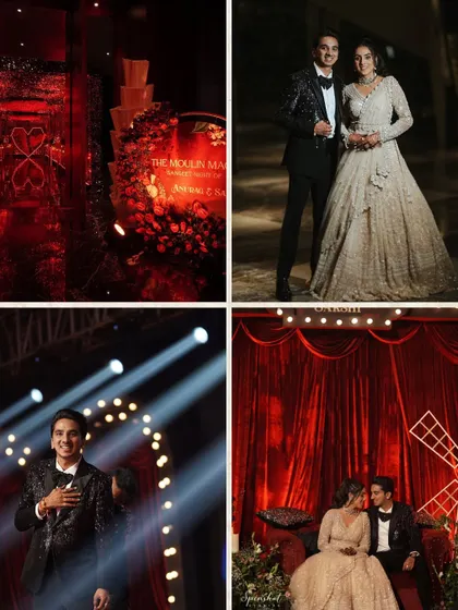 A collage of the Moulin Rouge themed Sangeet, from the decor details to the couple's stunning outfits.